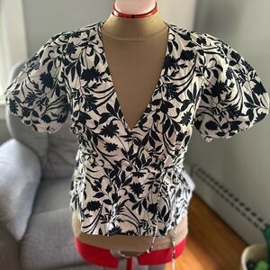 Old Navy dark Navy Blue and White Puff Sleeve Wrap Blouse